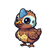 Fototapeta premium Cute cartoon bird character with a blue crest, standing cheerfully against a white background