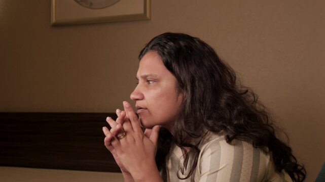 woman in depression overthinking at home, stressed woman in pajamas