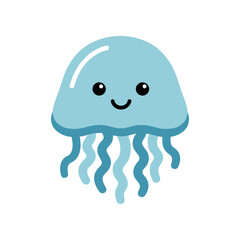 Obraz premium Cute cartoon jellyfish with a smiling face, floating in a clear ocean, surrounded by bubbles