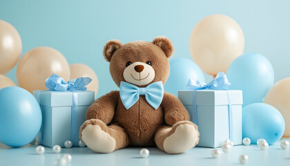 Cute teddy bear toy with blue bow tie sits among balloons, wrapped presents. Celebration setup for baby boy shower kids birthday party