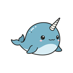 Cute cartoon narwhal swimming happily in a bright ocean, surrounded by playful sea life © Sugar
