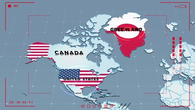 A stylized map highlighting Greenland and the united states with flag of Greenland and flag of the united states, the united states map, Greenland map, atlantic Ocean, animation