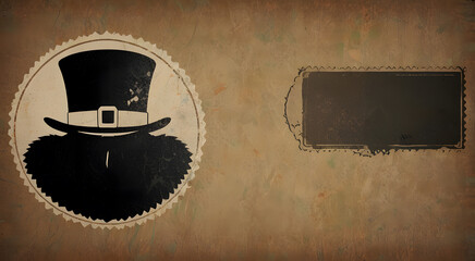 Vintage leprechaun hat and beard silhouette with blank message box on textured background. Saint Patrick's Day concept