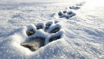 Animal paw prints mar fresh white snow covering ground. Tiny tracks lead across frozen surface, showing pet or wild creature winter walk