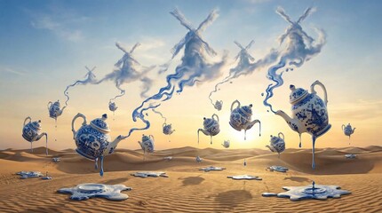 Dreamlike Desert with Floating Delft Blue Teapots and Patterned Liquid Clouds