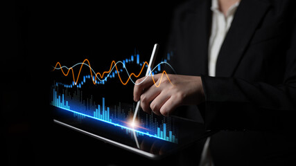 A business professional is conducting a financial analysis on a digital tablet, surrounded by vibrant graphs and data visualizations that illustrate market trends. Scalp