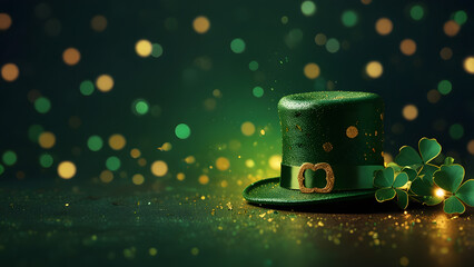 Festive green leprechaun top hat with a metallic gold band sits on a wooden table with gold glitter and warm green bokeh lights. St. Patrick's Day concept