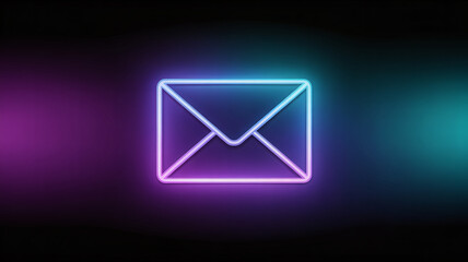 Neon email icon glowing purple and blue on dark background