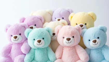 Close up photo of many colorful teddy bears. Soft plush toys are in a pile. Gentle pastel colors of bears are in a joyful pattern. Cute