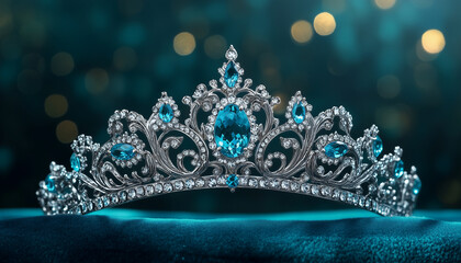 Elegant silver crown adorned with large blue gemstones and tiny sparkling diamonds. Royal tiara sits on a dark surface with blurred