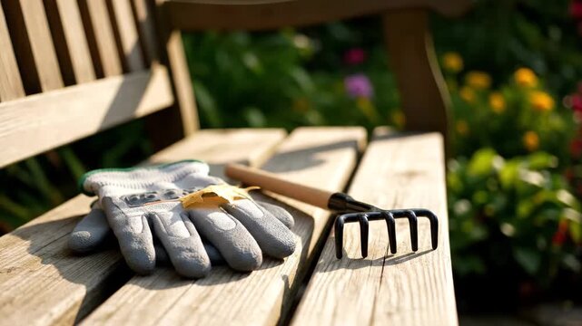 Gardening gloves and small hand rake with peaceful autumn mood resting on wooden bench against garden background