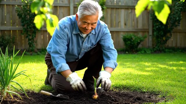 Senior man with calm gardening mood planting young vegetable seedling in backyard garden against sunny outdoor background