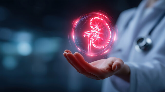 Doctor holding glowing holographic kidney, kidney diseases nephrology medical technology healthcare concept