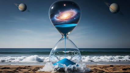This surreal image depicts an hourglass containing two distinct realities. The top bulb holds a vibrant galaxy and starry cosmos, while the bottom bulb features an ocean scene