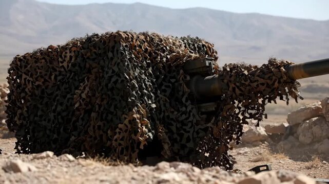 Camouflaged military tank with concealed defensive mood positioned in rocky desert terrain against mountainous background