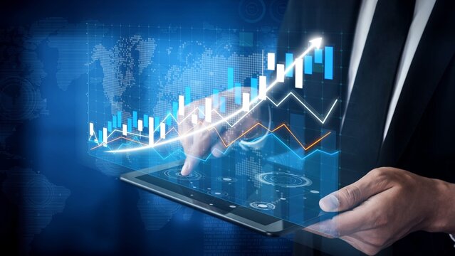 A professional using a tablet to interact with modern finance data, featuring graphs and world map, showcasing technology role in business insights. Copula - Powered by Adobe