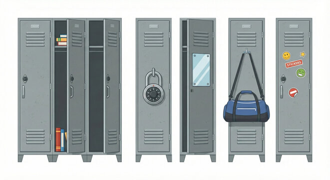 Cartoon set of grey metal lockers, some open with personal items, a gym bag, and stickers, representing school or gym storage