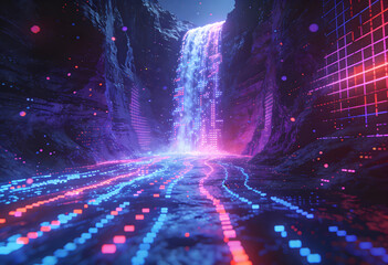 glowing digital waterfall flowing through neon-lit canyon