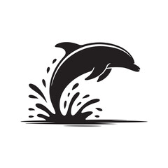 Fototapeta premium Dolphin jumping out of water in minimalist black silhouette with dynamic splash for marine life logo