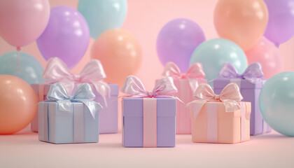 Soft pastel gift boxes with ribbons sit before a backdrop of colorful balloons. This scene suggests celebration, joy, and presents,