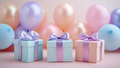 Soft pastel gift boxes with ribbons sit before a backdrop of colorful balloons. This scene suggests celebration, joy, and presents,