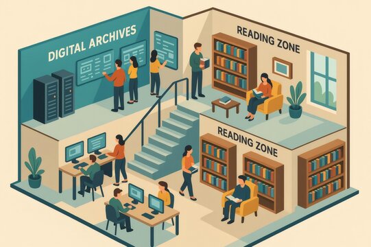Digital library hub showing people accessing online archives, researching information on computers, and reading books in dedicated zones