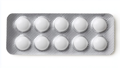 One full blister pack of ten empty white pills or tablets, isolated on a white background. The silver foil packaging contains round