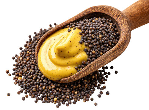 Wooden scoop filled with mustard seeds and mustard paste