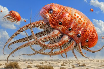 Surreal Giant Jellyfish Flying Over a Desert Landscape Under Orange Skies at Dusk, Fantasy Scene