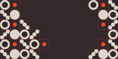Abstract creative background, web banner. Abstract geometric shapes composition. Square tiles with circles inside. Orange and gray shapes on brown background. Vector color illustration in flat style.