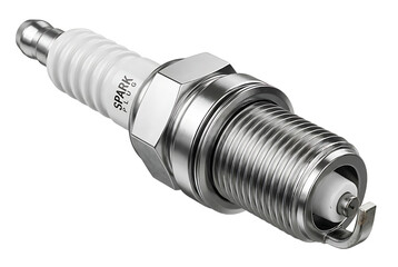 Automotive Spark Plug with White Ceramic Insulator and Metal Hex Nut, Isolated on transparent background