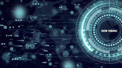 Now hiring Business finance concept on screen. glowing blue circular holographic display, sci-fi business concept, 3d , Futuristic technology interface, digital data visualization,4k video - Powered by Adobe