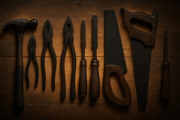 Various vintage workshop hand tools arranged on rustic wooden planks, highlighting craftsmanship and repair concepts