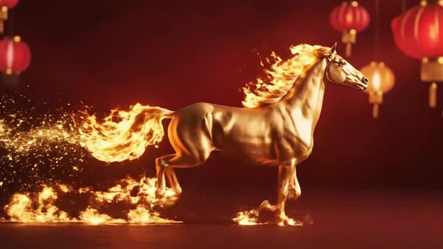 Majestic Golden Horse with Fiery Mane and Tail Galloping Amidst Chinese Lanterns.