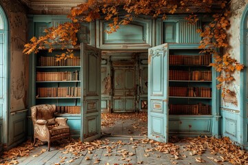 Serene Home Library with Antiquated Ambience Displaying an Autumn Scene and Cozy Reading Chair