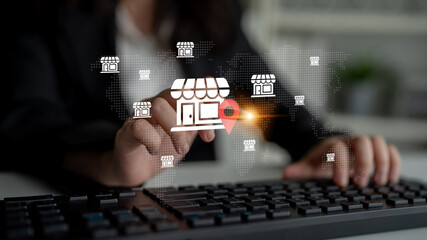 A business person interacts with a digital interface showcasing online store management and location tracking, representing modern commerce and technology integration. Gantry