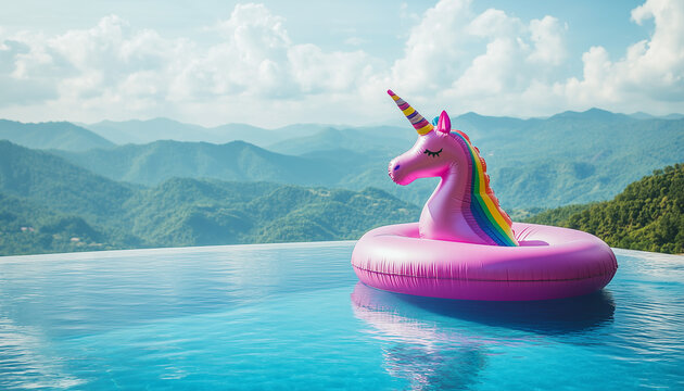 Pink unicorn pool float rests in mountain infinity pool. Scenic blue sky clouds over layered peaks