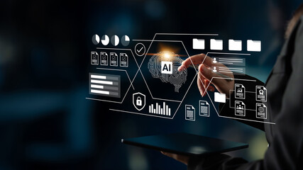 A professional in a digital workspace engages with futuristic data visuals, utilizing artificial...