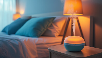 Mist rises from a lit diffuser on a nightstand beside a cozy bed. Warm lamp light creates a relaxing bedroom atmosphere
