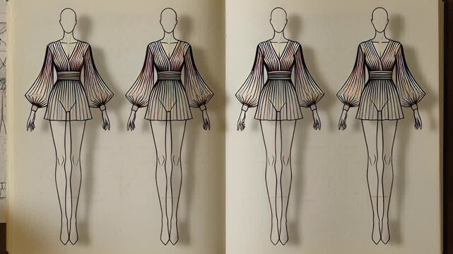 Animated fashion design sketches appearing on a textured paper background, showcasing elegant dress concepts on model figures for apparel portfolios.