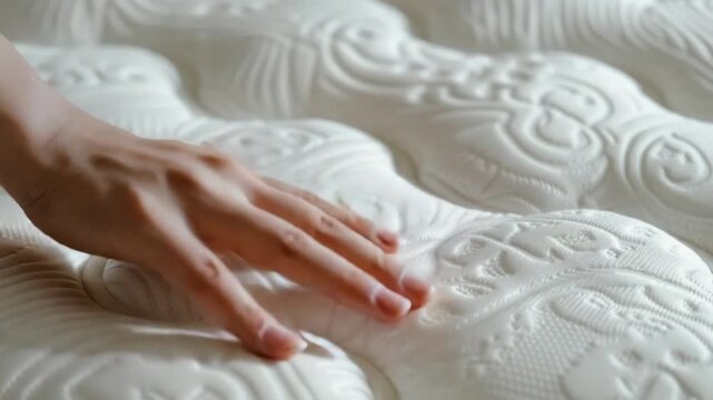 Woman's hand gently touching soft mattress