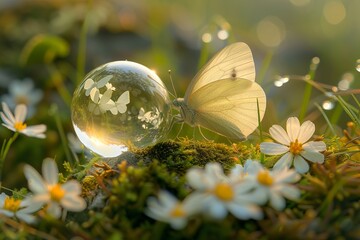 A Delicate Butterfly Perched on a Crystal Ball Surrounded by Tiny Daisies in a Sunlit Garden Scene