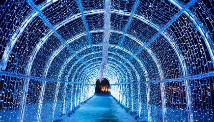 sapporo white illumination gradient from deep navy to pale turquoise luminous tunnel of white leds glowing under snowfall