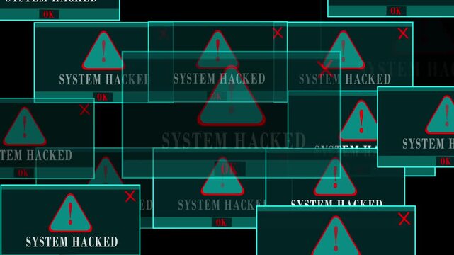 System Hacked Alert Warning Error Window Pop-Up on Black Screen, Cyber Security Breach, Malware Attack, Critical Failure, Digital Threat, Hacker Intrusion, Data Leak, Ransomware, Futuristic UI Notific