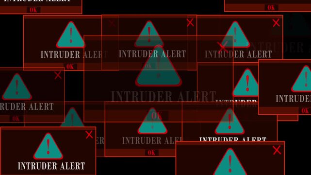 Intruder Alert Warning Error Window Pop-Up on Black Screen, Unauthorized Access Detected, Cyber Security Breach, Hacker Attack, System Protection, Digital Threat, Futuristic UI Notification