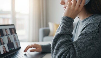 Woman participating in video call while working on laptop at home