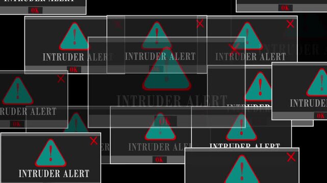Intruder Alert Warning Error Window Pop-Up on Black Screen, Unauthorized Access Detected, Cyber Security Breach, Hacker Attack, System Protection, Digital Threat, Futuristic UI Notification