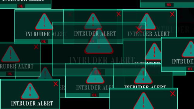 Intruder Alert Warning Error Window Pop-Up on Black Screen, Unauthorized Access Detected, Cyber Security Breach, Hacker Attack, System Protection, Digital Threat, Futuristic UI Notification