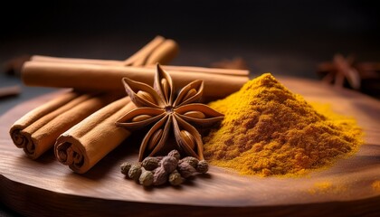 spices and herbs on wooden board with cinnamon turmeric and star anise