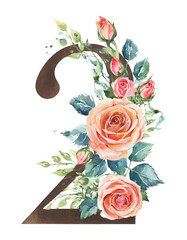 Watercolor wooden numbers decorated with flowers roses set 1,2,3,4,5,6,7,8,9 on white isolated background. Birthday. Romantic elements for the holiday